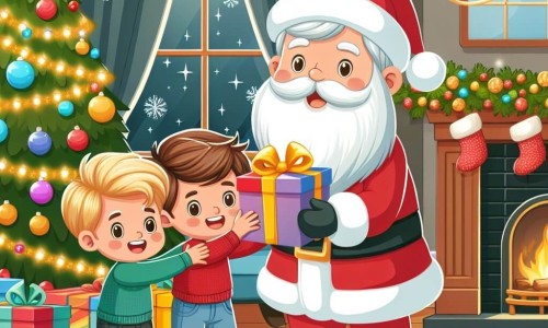 Une illustration destinée aux enfants représentant un petit garçon plein d'enthousiasme, aidant le Père Noël à distribuer des cadeaux, accompagné de son grand frère, dans un salon décoré de guirlandes scintillantes et d'un grand sapin orné de boules colorées.