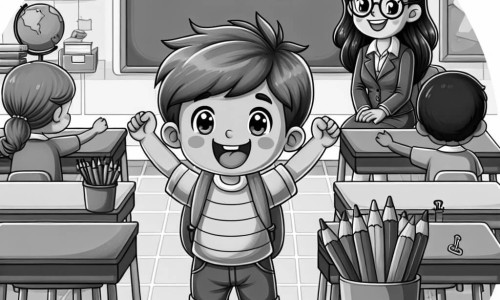 Une illustration destinée aux enfants représentant un petit garçon plein d'énergie le jour de sa rentrée des classes, entouré de nouveaux amis, dans une classe colorée avec des tables, des chaises et des crayons alignés parfaitement, sous le regard bienveillant d'une maîtresse souriante.