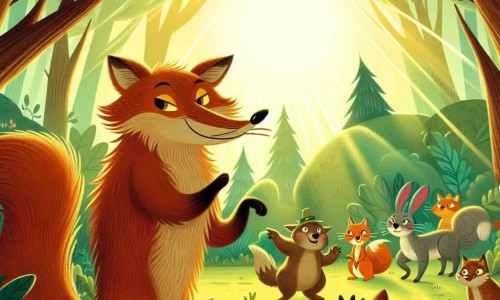 Une illustration destinée aux enfants représentant un rusé animal à la fourrure rousse concoctant des farces farfelues avec ses amis animaux dans une clairière ensoleillée de la forêt enchantée.