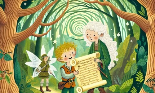 Une illustration destinée aux enfants représentant un jeune garçon intrépide découvrant un mystérieux parchemin, guidé par une dryade enchantée, dans une forêt dense aux arbres centenaires formant des voûtes mystiques au-dessus de sa tête.
