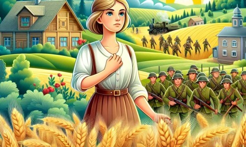 Une illustration destinée aux enfants représentant une femme au cœur vaillant, confrontée à la guerre, accompagnée de soldats en uniforme, dans une petite ferme au cœur d'une campagne verdoyante, avec des champs de blé ondulant sous le soleil.