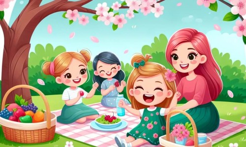 Une illustration destinée aux enfants représentant une petite fille épanouie, entourée de ses amis et de sa maman, partageant un pique-nique sous un cerisier en fleurs dans un parc verdoyant au printemps.