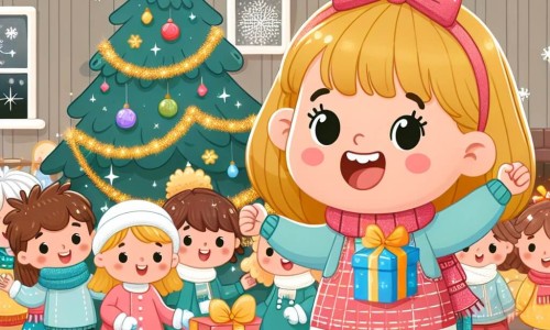Une illustration destinée aux enfants représentant une petite fille joyeuse et impatiente, entourée de ses amis, dans une maison décorée avec des guirlandes scintillantes et un sapin de Noël magnifiquement décoré, en préparation du réveillon du nouvel an.