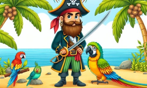Une illustration destinée aux enfants représentant un capitaine pirate barbu et courageux, accompagné de son fidèle perroquet multicolore, sur une île paradisiaque bordée de palmiers, de perroquets et de sable doré.