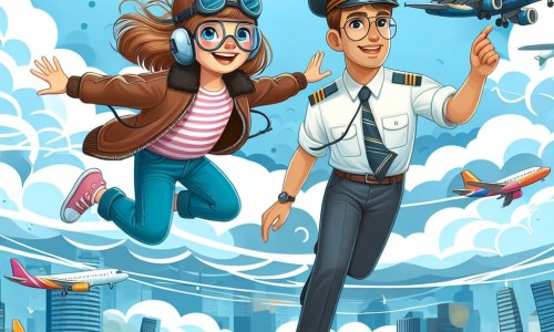 Une illustration destinée aux enfants représentant une jeune femme intrépide, passionnée d'aviation, accompagnée de son fidèle père pilote, évoluant dans un ciel bleu parsemé de nuages blancs et survolant une piste d'aéroport animée, entourée d'avions colorés prêts à décoller.