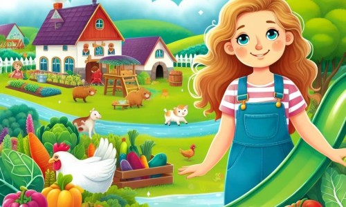 Une illustration destinée aux enfants représentant une jeune femme passionnée d'agriculture, vivant dans un village entouré de champs verdoyants, découvrant une ferme enchantée avec des animaux colorés et un toboggan en forme de légumes géants.