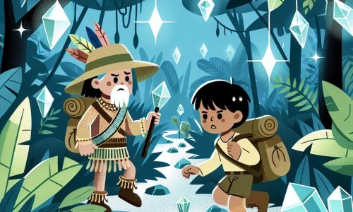 Une illustration destinée aux enfants représentant un explorateur courageux, un guide autochtone expert en survie, dans une jungle dense et mystérieuse illuminée par des cristaux étincelants.