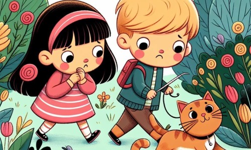 Une illustration destinée aux enfants représentant une petite fille inquiète à la recherche de sa peluche perdue, accompagnée de son courageux grand frère, suivant un chat malicieux à travers un jardin fleuri et coloré.