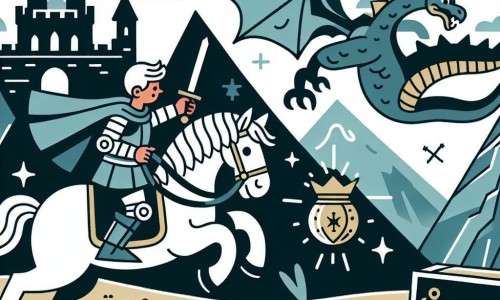 Une illustration destinée aux enfants représentant un chevalier courageux affrontant un dragon féroce pour trouver un objet magique, accompagné de son fidèle destrier, dans un ancien château en ruines perché au sommet d'une montagne escarpée.