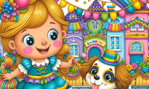 Une illustration destinée aux enfants représentant une fille joyeuse et pleine de vie se préparant pour le carnaval, accompagnée d'un petit chien espiègle, dans un village coloré nommé Arc-en-Ciel, décoré de guirlandes, de ballons et de fleurs.