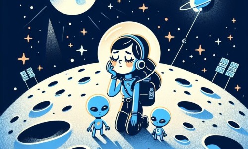 Une illustration destinée aux enfants représentant une jeune femme rêveuse et déterminée, accompagnée de petits extraterrestres bleus, explorant la surface lunaire parsemée de cratères et illuminée par un lever de Terre.
