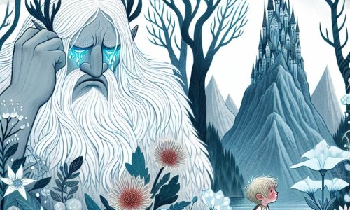 Une illustration destinée aux enfants représentant un géant aux cheveux argentés pleurant des larmes scintillantes, accompagné d'un jeune garçon intrépide, dans un royaume caché au sommet d'une montagne aux fleurs magiques et aux arbres géants aux feuilles argentées.