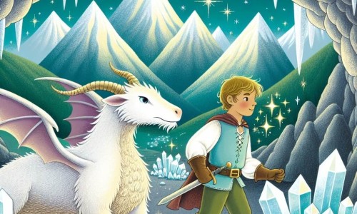 Une illustration destinée aux enfants représentant un jeune homme courageux et déterminé, accompagné d'un dragon doux comme un agneau, explorant une grotte souterraine étincelante remplie de cristaux scintillants, au cœur des montagnes de Cristal.