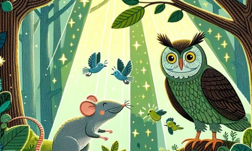 Une illustration destinée aux enfants représentant un malicieux rat, un hibou sage et prévoyant, dans la paisible forêt de Mélusine où les rayons du soleil filtrent à travers les frondaisons verdoyantes et les murmures du vent caressent les feuilles chatoyantes.