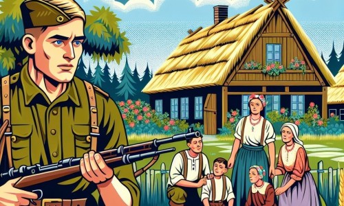 Une illustration destinée aux enfants représentant un homme courageux confronté à la guerre, entouré de ses proches, dans un petit village paisible aux toits de chaume et aux champs verdoyants.