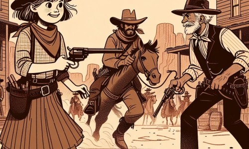 Une illustration destinée aux enfants représentant une jeune cow-girl courageuse poursuivant un bandit redoutable avec l'aide d'un vieux prospecteur sympathique, dans la ville poussiéreuse de Dusty Gulch, au cœur de l'Ouest sauvage de l'Amérique.