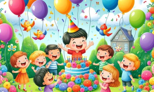 Une illustration destinée aux enfants représentant un petit garçon plein d'excitation, entouré de ballons colorés, dans un jardin enchanté rempli de fleurs multicolores et d'oiseaux chantants, célébrant son anniversaire entouré de ses amis et de sa famille.