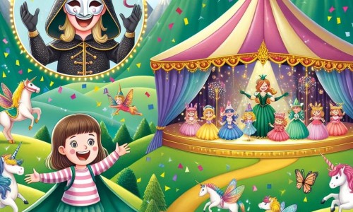 Une illustration destinée aux enfants représentant une jeune fille pleine d'enthousiasme, se retrouvant au cœur d'un carnaval magique, accompagnée d'un mystérieux personnage masqué, dans une tente scintillante remplie de fées, de licornes et de dragons crachant des confettis, située au sommet d'une colline entourée de montagnes verdoyantes.