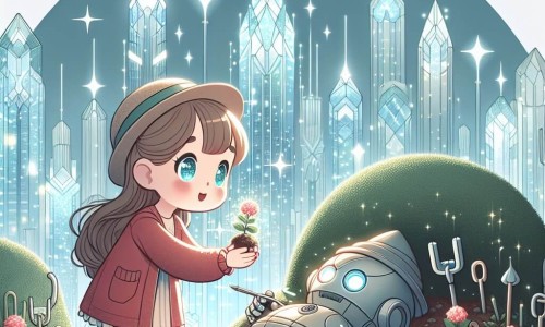 Une illustration destinée aux enfants représentant une fille aux yeux pétillants découvrant un robot jardinier endormi sous un buisson, dans la ville futuriste de Cristalia, entièrement construite en verre et en métal étincelants.
