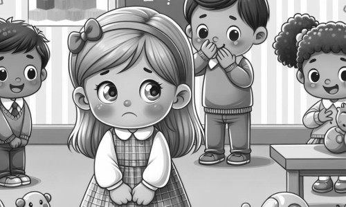 Une illustration destinée aux enfants représentant une petite fille timide découvrant l'école, accompagnée de nouveaux amis joyeux, dans une salle de classe colorée avec des dessins sur les murs et des jouets éparpillés.