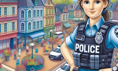 Une illustration destinée aux enfants représentant une femme policière courageuse et déterminée, se trouvant au commissariat de police de Belleville, une petite ville animée avec des rues bordées de maisons colorées et une place centrale animée par des fontaines et des fleurs.