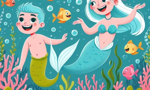 Une illustration destinée aux enfants représentant une sirène joyeuse et espiègle, entourée d'un poisson farceur, dans un monde sous-marin rempli de coraux colorés, d'algues dansantes et de poissons qui rient aux éclats.