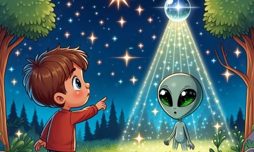 Une illustration destinée aux enfants représentant un garçon curieux observant une étoile filante descendre vers une clairière enchantée, où il rencontre un extraterrestre aux yeux brillants, dans un vaisseau scintillant au cœur d'une forêt mystérieuse.