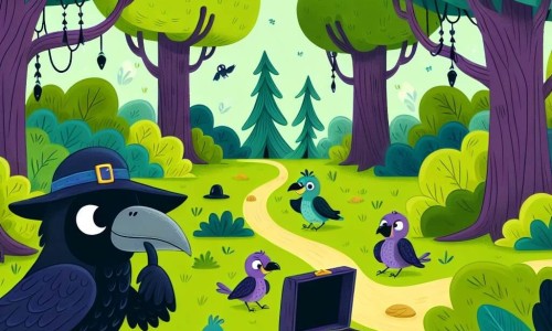 Une illustration destinée aux enfants représentant un corbeau farceur concoctant une fausse chasse au trésor pour ses amis animaux, dans une forêt enchantée aux sentiers verdoyants et aux arbres majestueux.
