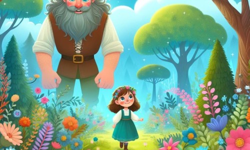 Une illustration destinée aux enfants représentant un géant au regard brillant, accompagné d'une petite fille courageuse, explorant un jardin enchanté rempli de fleurs colorées et d'arbres majestueux.