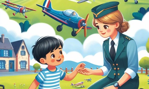 Une illustration destinée aux enfants représentant un jeune homme passionné par les avions, qui fait la rencontre d'un pilote bienveillant lors d'une exposition aéronautique dans un petit village français, entouré de magnifiques champs verdoyants et d'un ciel bleu dégagé.