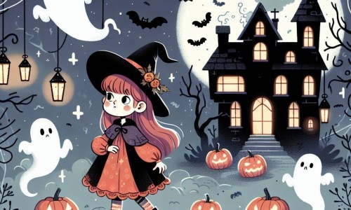 Une illustration destinée aux enfants représentant une fille déguisée en sorcière, explorant une maison hantée avec des fantômes flottant dans les airs, entourée de toiles d'araignée et de chauves-souris, dans une nuit d'Halloween illuminée par des lanternes en forme de citrouille.