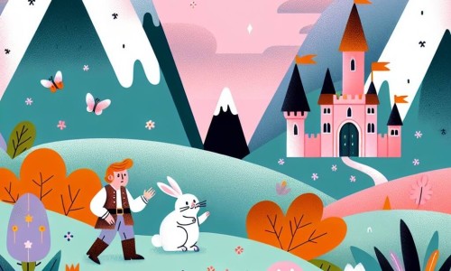 Une illustration destinée aux enfants représentant une princesse maladroite explorant une montagne mystérieuse en compagnie d'un lapin blanc, dans un château rose bonbon au milieu d'une vaste prairie parsemée de fleurs multicolores.