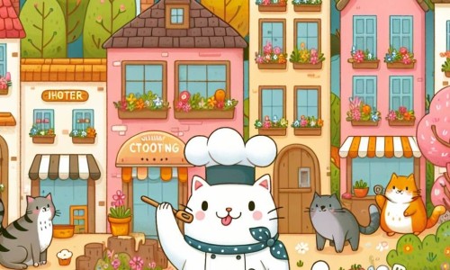 Une illustration destinée aux enfants représentant un chat passionné de cuisine organisant un concours culinaire avec ses amis animaux dans un charmant village aux maisons colorées et aux arbres fleuris.
