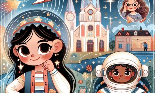 Une illustration destinée aux enfants représentant une jeune fille passionnée par l'espace, accompagnée d'un célèbre astronaute, dans la petite ville de Luneville, avec des étoiles brillantes et une station spatiale en arrière-plan.