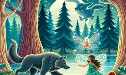 Une illustration destinée aux enfants représentant un loup-garou au cœur d'une forêt enchantée, accompagné d'un écureuil perdu, croisant le chemin d'une fée lumineuse, près d'un lac scintillant entouré d'arbres majestueux aux feuilles chatoyantes.