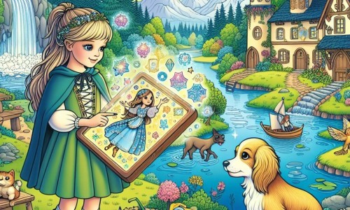 Une illustration destinée aux enfants représentant une jeune fille captivée par des écrans magiques, accompagnée d'un adorable animal de compagnie, dans un village entouré de forêts verdoyantes et d'une rivière scintillante.