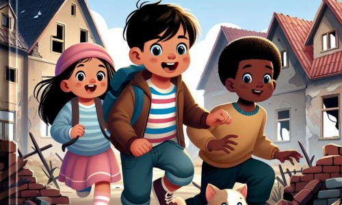Une illustration destinée aux enfants représentant un jeune garçon intrépide, accompagné de ses amis, explorant un village abandonné aux maisons en ruine, surmontant la peur et découvrant un adorable chaton sous les décombres.