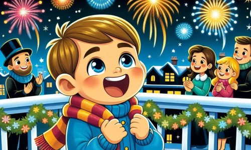 Une illustration destinée aux enfants représentant un petit garçon tout excité à l'idée de fêter le Nouvel An, entouré de sa famille et de ses amis, sur un balcon décoré de guirlandes scintillantes et surplombant un ciel étoilé illuminé par des feux d'artifice colorés.