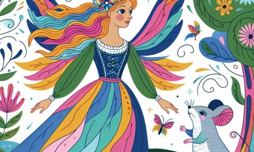 Une illustration destinée aux enfants représentant une femme aux ailes multicolores, une petite souris curieuse, dans un jardin secret enchanté où les arbres chantent et les fleurs dansent au vent.