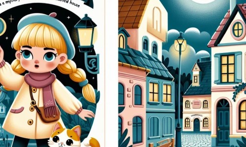 Une illustration destinée aux enfants représentant une courageuse jeune fille enquêtant sur un mystère entourant une maison hantée, accompagnée de son fidèle chat Pistache, dans un village pittoresque nommé Clairdelune, où la lueur pâle de la lune éclaire les rues pavées.