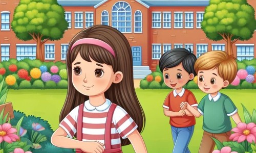 Une illustration destinée aux enfants représentant une jeune fille courageuse confrontée au harcèlement dans une école magnifique entourée de jardins colorés, avec le soutien d'un fidèle ami aux cheveux bruns et aux yeux brillants.