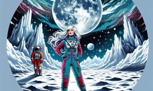 Une illustration destinée aux enfants représentant une jeune femme intrépide, vêtue d'une combinaison spatiale colorée, se tenant debout sur la surface de la Lune, entourée de cratères argentés et de montagnes lunaires majestueuses, avec un astronaute en arrière-plan, admirant le spectacle céleste éblouissant.