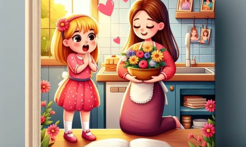 Une illustration destinée aux enfants représentant une fillette préparant une surprise pour sa maman, accompagnée de sa maman émue, dans une cuisine chaleureuse et ensoleillée aux couleurs vives, décorée de fleurs et de photos de famille.