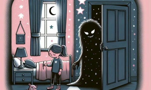 Une illustration destinée aux enfants représentant une fillette plongée dans l'obscurité de sa chambre, accompagnée d'un Monstre du Placard bienveillant, dans une chambre aux murs rose pâle parsemés d'étoiles lumineuses et d'une fenêtre laissant entrer la lueur argentée de la lune.