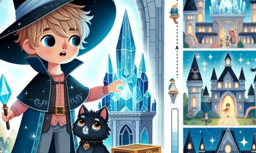 Une illustration destinée aux enfants représentant un jeune sorcier apprenti aux pouvoirs magiques incontrôlés, accompagné de son chat noir fidèle, se trouvant dans une tour de cristal scintillante au cœur d'un village enchanté appelé Arcadia.