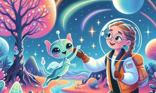 Une illustration destinée aux enfants représentant une jeune femme passionnée par l'espace, embarquée dans une mission spatiale périlleuse aux côtés d'un extraterrestre adorable, sur une planète lointaine aux arbres lumineux et aux rivières scintillantes.