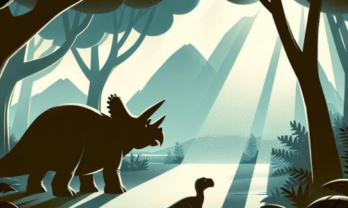 Une illustration destinée aux enfants représentant un tricératops, gardien de la vallée, accompagné d'un jeune vélociraptor, observant les mystérieuses ombres dans une vallée préhistorique baignée de lumière filtrant à travers la dense canopée des arbres.
