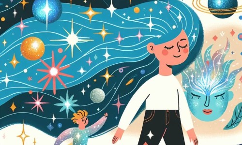 Une illustration destinée aux enfants représentant une femme aux cheveux d'un bleu éclatant, explorant des mondes stellaires avec l'aide de gardiennes étincelantes, dans un univers cosmique parsemé d'étoiles scintillantes et de planètes colorées.