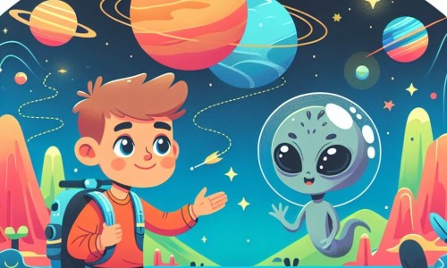 Une illustration destinée aux enfants représentant un jeune homme rêveur, passionné par l'espace, qui rencontre une petite créature extraterrestre lors de sa mission d'exploration spatiale, sur une planète lointaine et colorée aux paysages fantastiques.