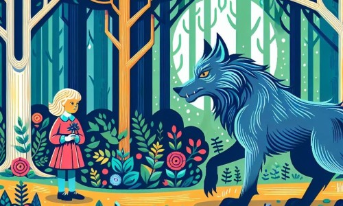 Une illustration destinée aux enfants représentant un loup-garou mystérieux rencontrant une petite fille curieuse dans une forêt enchantée, où les arbres majestueux et les fleurs colorées bordent le sentier.